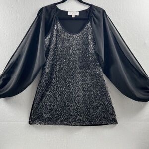 American Glamour Badgley Mischka Women's M Sequin Glam Retro Sheer Black